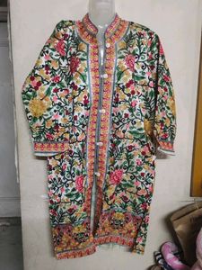 Ivory Kashmiri Aari Embroidered Woolen Long Jacket