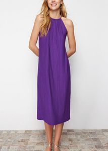 New!pleated  Purple Halter Neck Midi Dress