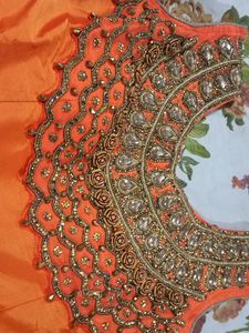 Orange Anarkali Dress with Embellished Neckline