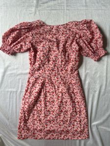 Pink Floral Puff Sleeve Square Neck Dress