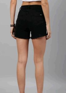 Black Regular fit Frayed hem Denim Shorts