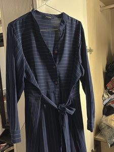 Navy Striped Button-Up Midi Dress