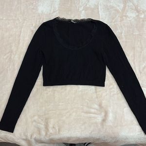 Black Cropped Long Sleeve Top with Lace Trim
