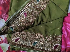 Olive Green Embroidered Saree