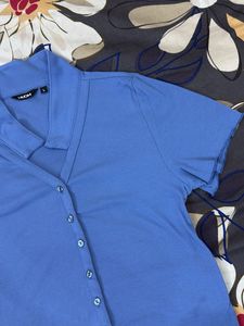 Blue Ribbed Collared Button-Up Top