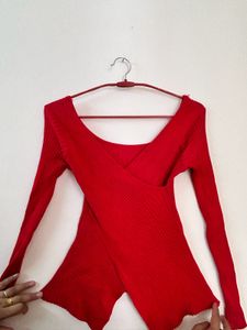 Red Ribbed Wrap Top