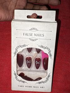 burgundy False Nails with Design