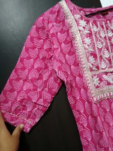Pink Printed Kurta with White Embroidery