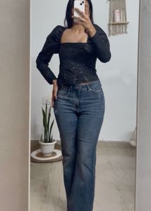 h&m Black Puff Sleeve Square Neck Top