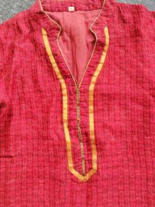 Red Printed Kurta with Yellow Neckline