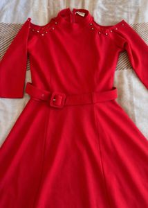 Chic Red Cold Shoulder Belted Dress