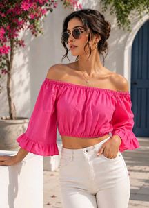 Hot Pink Off-Shoulder Ruffle Crop Top