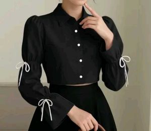 Chic Black Bell Sleeve Top with Ribbon Tie