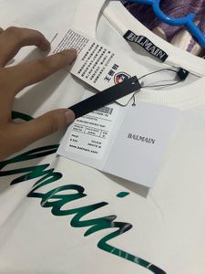 Balmain White T-Shirt with Green Logo