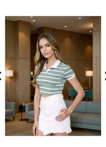 Green Striped Cropped Polo Shirt