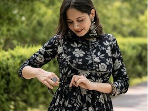 BLACK COTTON FLORAL Anarkali SET