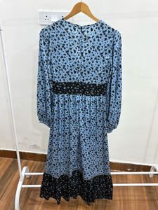 Ditsy Floral Pastel Blue-Black Print Midi Dress