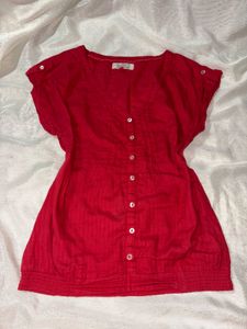 Red Button-Up Short Sleeve Blouse