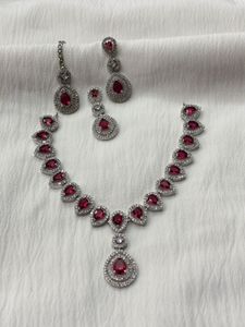 Ruby Red Necklace Set with Earrings & Maang Tikka