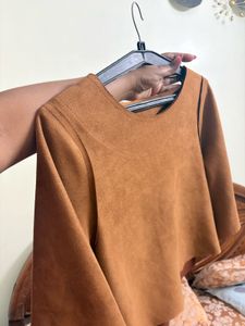 Brown Suede Bell Sleeve Crop Top