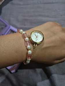 Elegant Pearl &amp; Pink Beaded Watch Bracelet