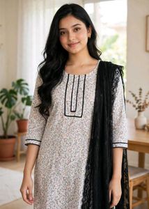 Chic Floral Kurta Set with Black Dupatta