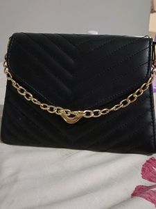 Black Purse With Gold Chain Strip Matte Finish