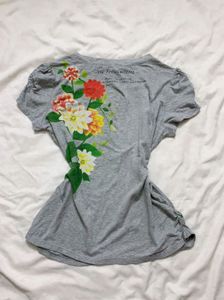 Gray Floral Print Henley Top