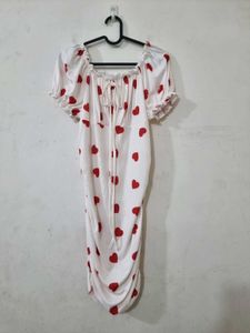 White Heart Print Ruched Midi Dress.