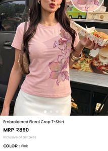 Pink Embroidered Floral Crop T-Shirt