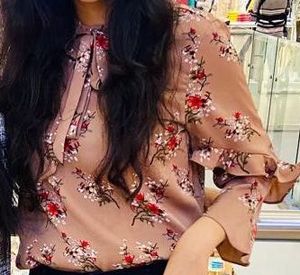 Madame Women Brown Floral Print Tie-Up Neck Top