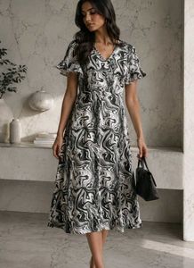 Black & White Swirl marble abstract Midi Dress