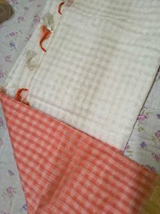 Peach &amp; Cream Checked Saree with Golden Border | E