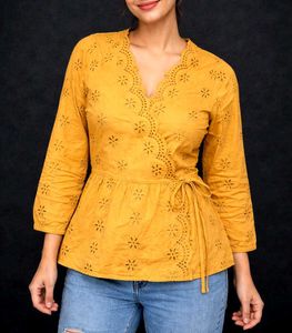 Chic Mustard Yellow Eyelet Wrap Top