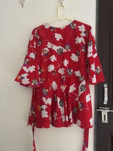 Red Floral Ruffle Sleeve Wrap Top