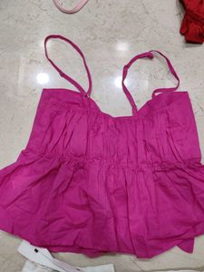 Cute Pink Top &amp; White Denim Skirt