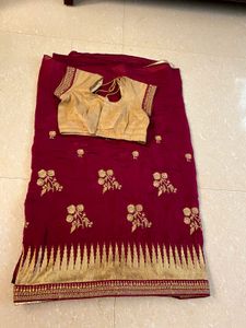 Maroon Saree with Golden Border and Blouse