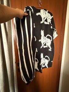 Black & White Cat Print Kurta Set