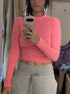 Pink Long Sleeve Mock Neck Cropped Top