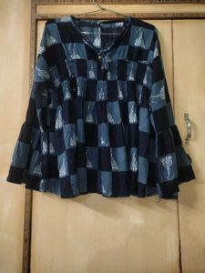 Women's Blue &amp; Black Checked Printed Top | Size L