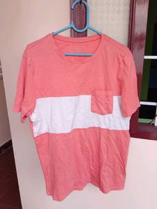 Coral & White Striped Pocket T-Shirt