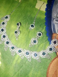 American Diamond Royal Blue Colour Necklace Set