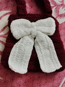 151.Crocheted Maroon Bag with White Bow
