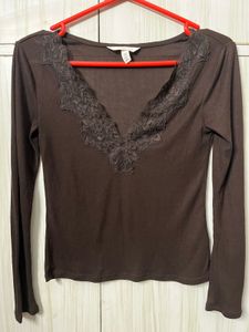 Brown Ribbed Lace Neckline Top