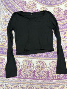 Black Ribbed Bell Sleeve Crop Top