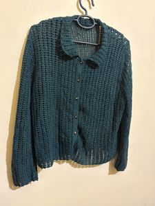 Dark Green Crochet mesh Button-Up Cardigan