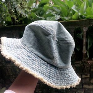 Denim Bucket Hat with Frayed Edge