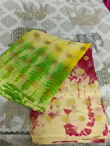 Vibrant Tie-Dye Saree with Gold Accents❤️💛💚🤍