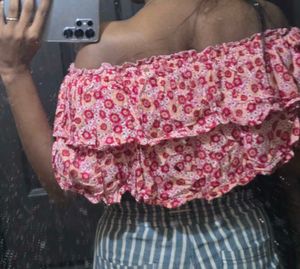 Boho Off-Shoulder Floral Ruffle Crop Top