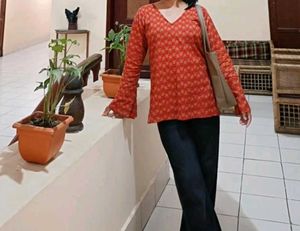 Vibrant Red Block Print Kurta